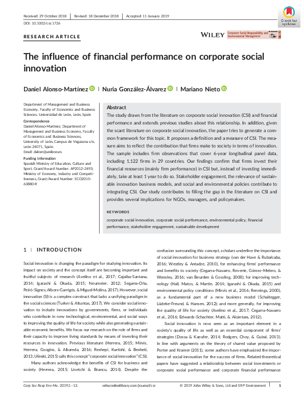 (PDF) The influence of financial performance on corporate social innovation