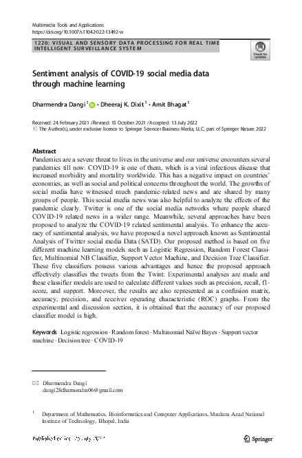 (PDF) Sentiment analysis of COVID-19 social media data through machine ...
