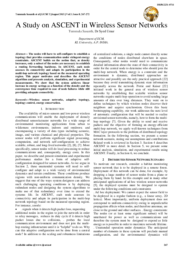 (PDF) A Study on ASCENT in Wireless Sensor Networks | Syed Umar ...