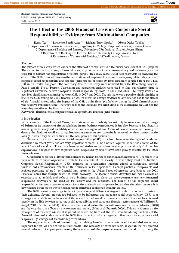 (PDF) The Effect of the 2008 Financial Crisis on Corporate Social ...