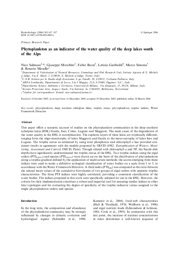 (PDF) Phytoplankton as an Indicator of the Water Quality of the Deep ...