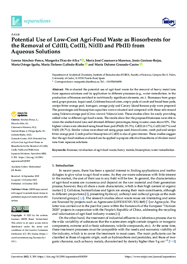 (PDF) Potential Use of Low-Cost Agri-Food Waste as Biosorbents for the ...