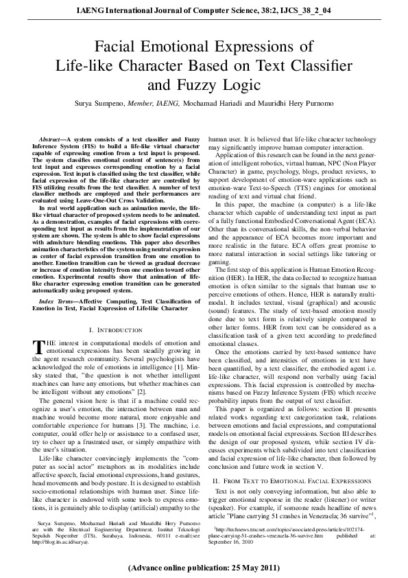 (PDF) Facial Emotional Expressions of Lifelike Character Based on Text