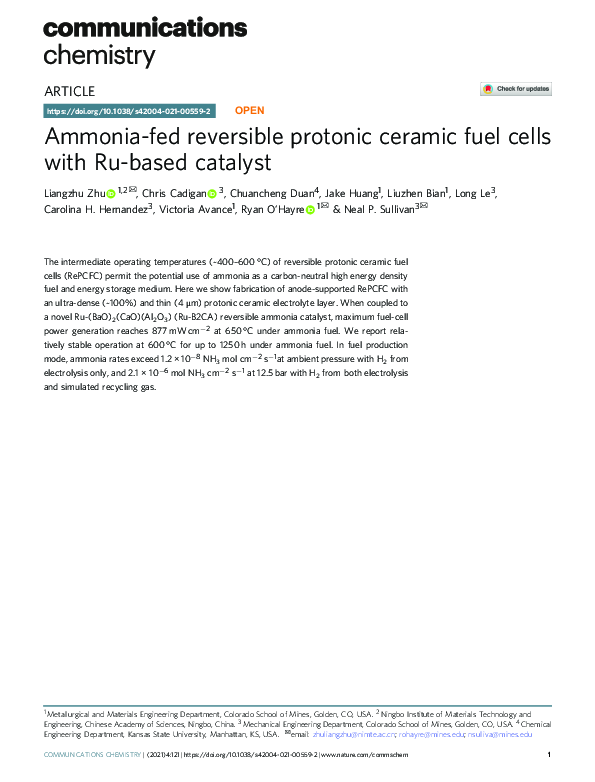 (PDF) Ammoniafed reversible protonic ceramic fuel cells with Rubased