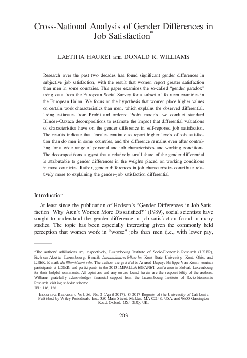 (PDF) Cross-National Analysis of Gender Differences in Job Satisfaction