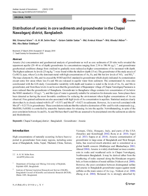 (PDF) Distribution of arsenic in core sediments and groundwater in the ...