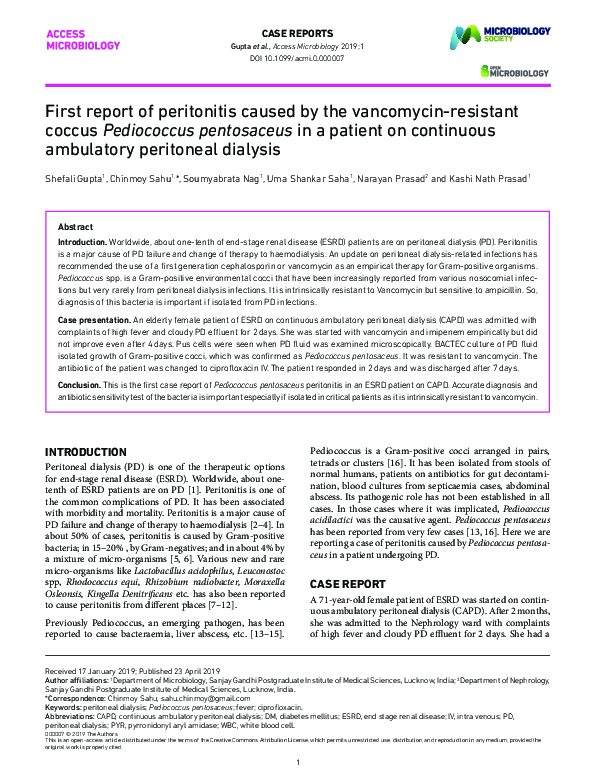 (PDF) First report of peritonitis caused by the vancomycin-resistant ...