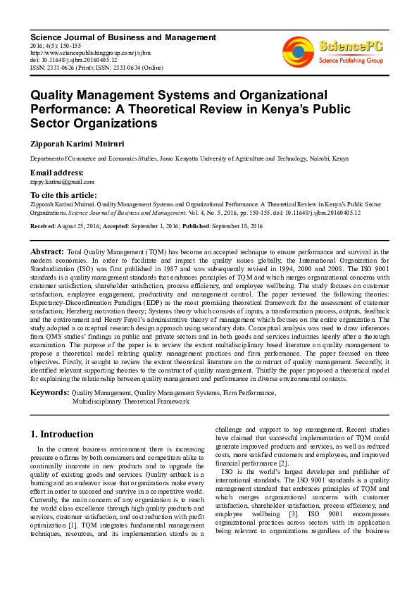(PDF) Quality Management Systems and Organizational Performance: A ...