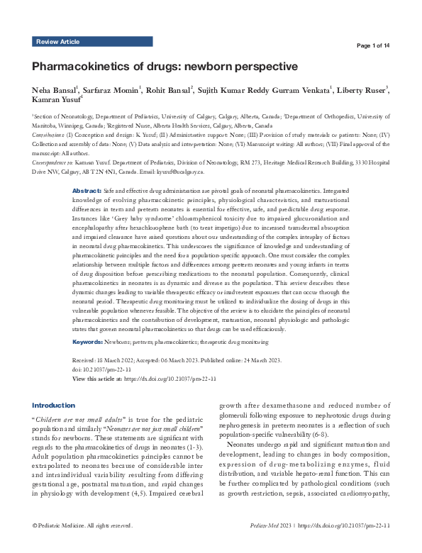 (PDF) Pharmacokinetics of drugs: newborn perspective