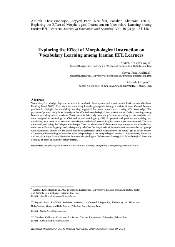 (PDF) Exploring the Effect of Morphological Instruction on Vocabulary ...