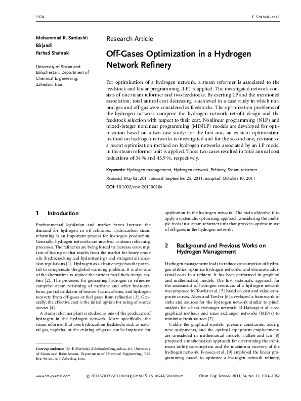 (PDF) Off-Gases Optimization in a Hydrogen Network Refinery
