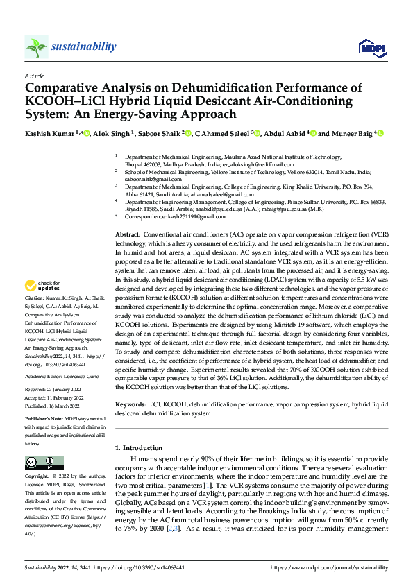 (PDF) Comparative Analysis on Dehumidification Performance of KCOOHLiCl Hybrid Liquid Desiccant