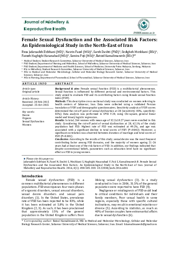 (PDF) Female Sexual Dysfunction and its Associated Risk Factors: An ...