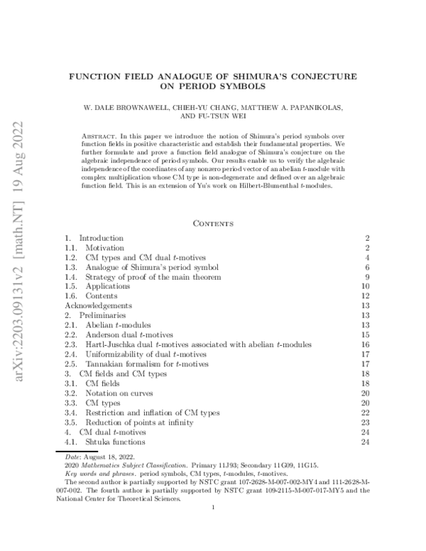 (PDF) Function Field Analogue of Shimura's Conjecture on Period Symbols