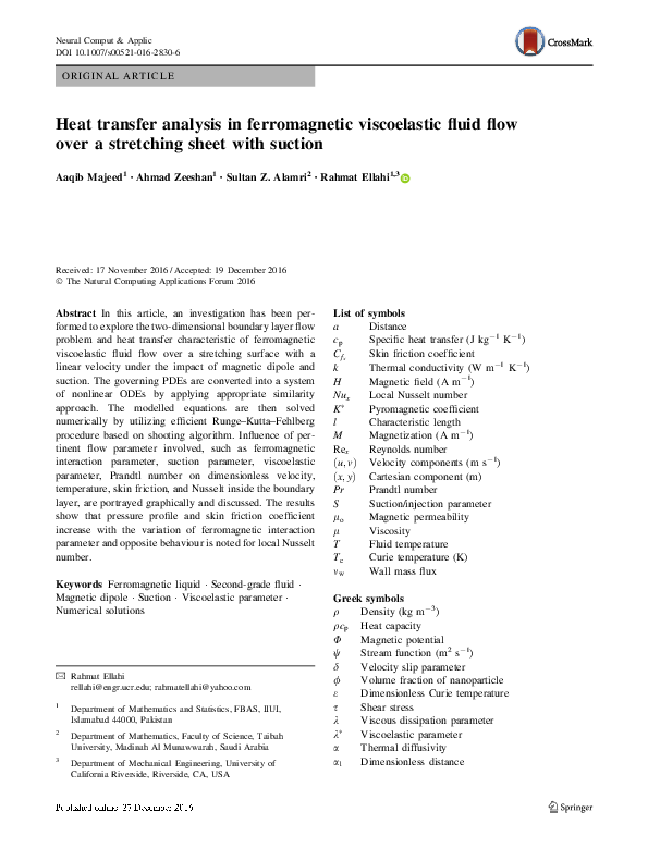 (PDF) Heat transfer analysis in ferromagnetic viscoelastic fluid flow ...
