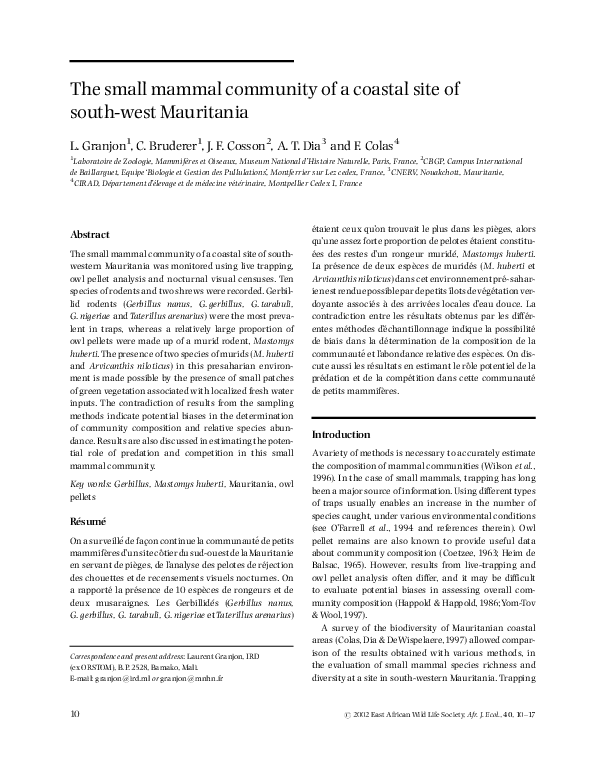 (PDF) The small mammal community of a coastal site of south‐west Mauritania