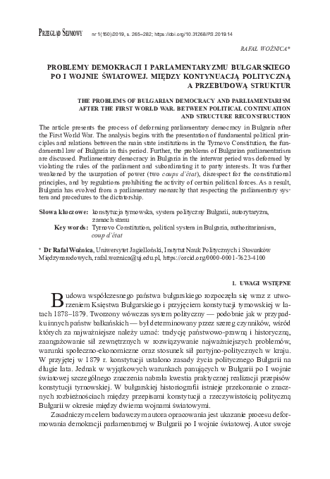 Problemy demokracji i parlamentaryzmu bułgarskiego po I wojnie światowej. Między kontynuacją polityczną a przebudową struktur