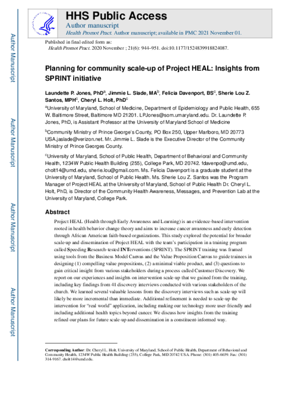 (PDF) Planning for Community Scale-Up of Project HEAL: Insights From ...