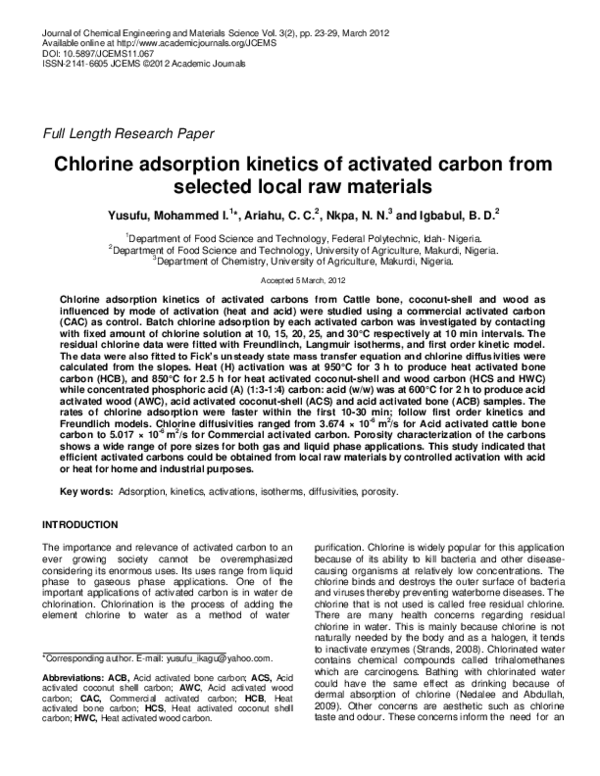 (PDF) Chlorine adsorption kinetics of activated carbon from selected ...