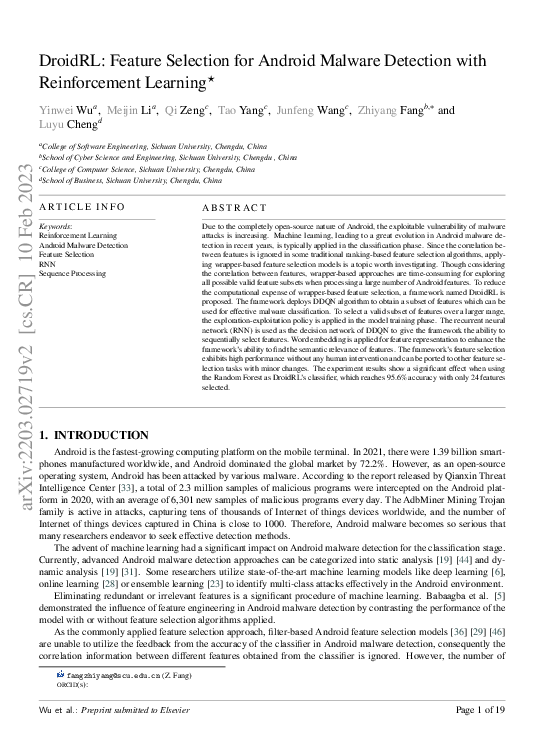 (PDF) Droidrl: Reinforcement Learning Driven Feature Selection for ...