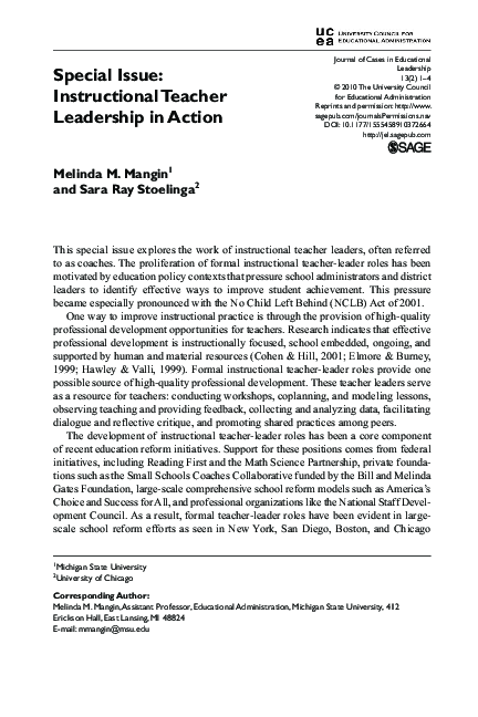 (PDF) Special Issue: Instructional Teacher Leadership in Action