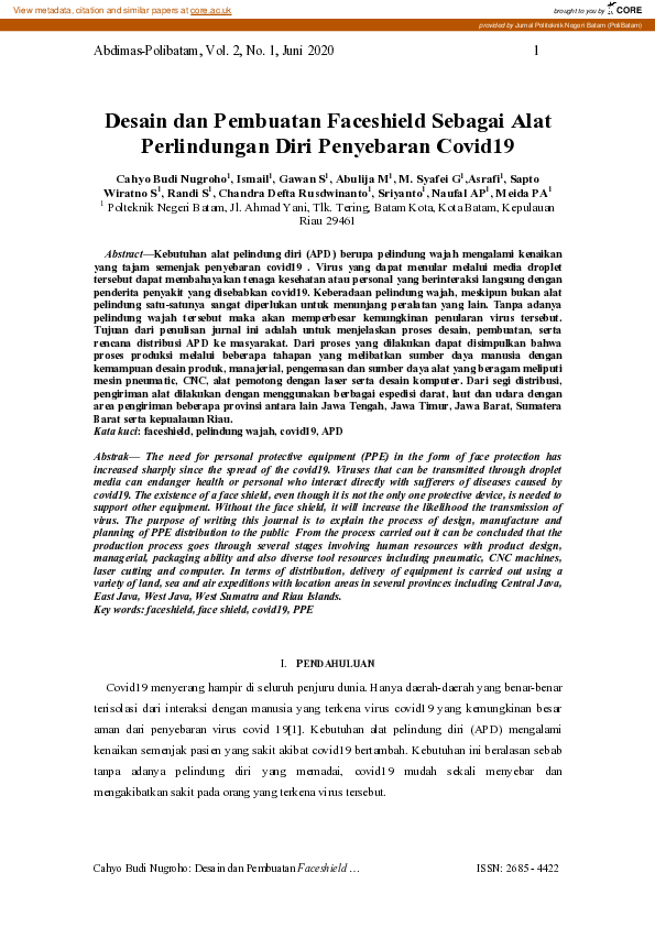 (PDF) Desain dan Pembuatan Faceshield Sebagai Alat Perlindungan Diri ...
