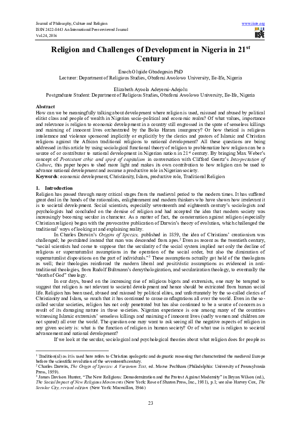 (PDF) Religion and Challenges of Development in Nigeria in 21st Century