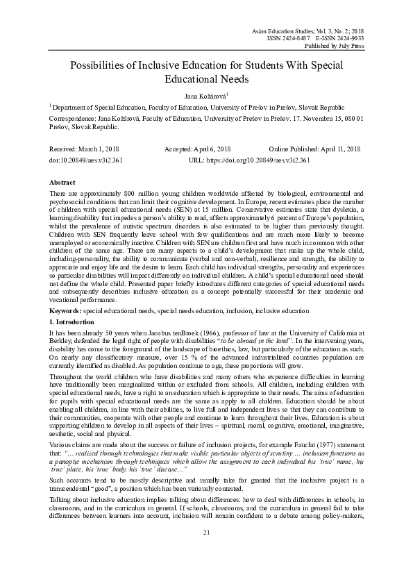 (PDF) Possibilities of Inclusive Education for Students With Special ...
