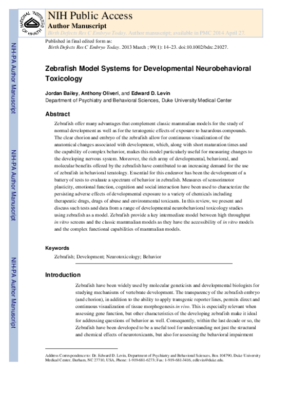(PDF) Zebrafish model systems for developmental neurobehavioral