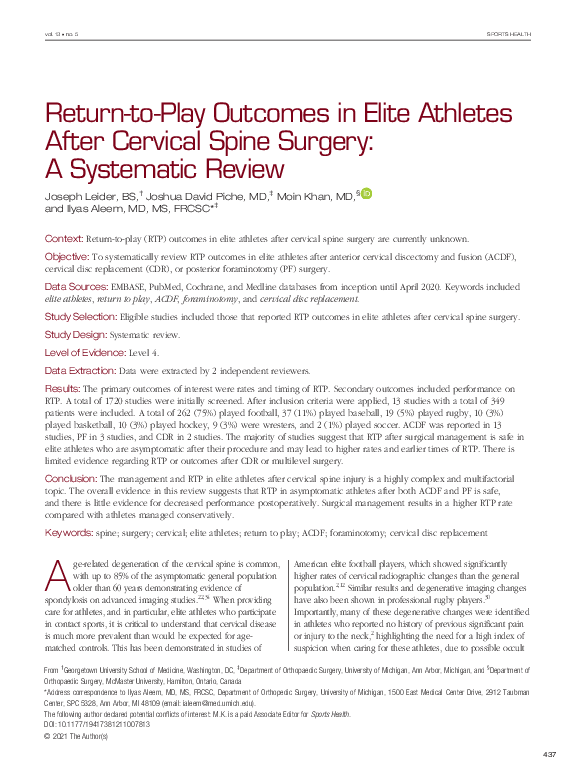 (PDF) Return-to-Play Outcomes in Elite Athletes After Cervical Spine ...