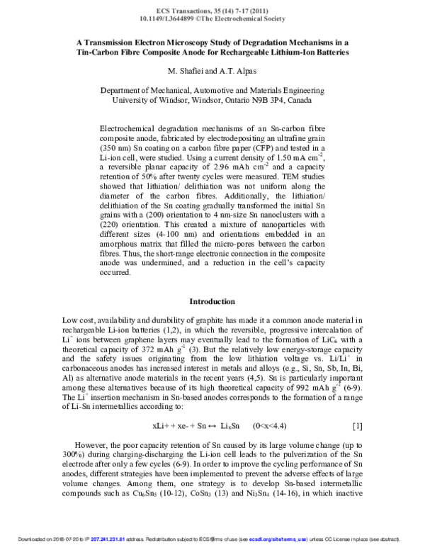 A Transmission Electron Microscopy Study of Degradation Mechanisms in a Tin-Carbon Fibre Composite Anode for Rechargeable Lithium-Ion Batteries