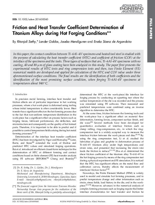 (PDF) Friction and Heat Transfer Coefficient Determination of Titanium ...