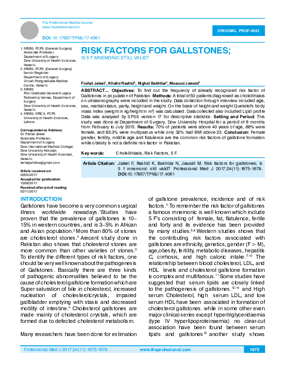 (PDF) Risk Factors for Gallstones; is 5 F Mnemonic Still Valid?