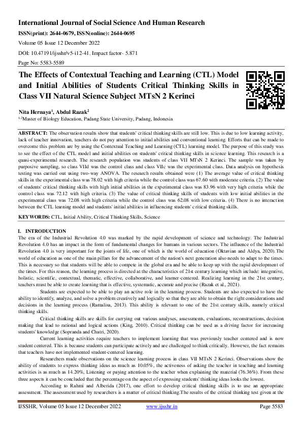 (PDF) The Effects of Contextual Teaching and Learning (CTL) Model and ...