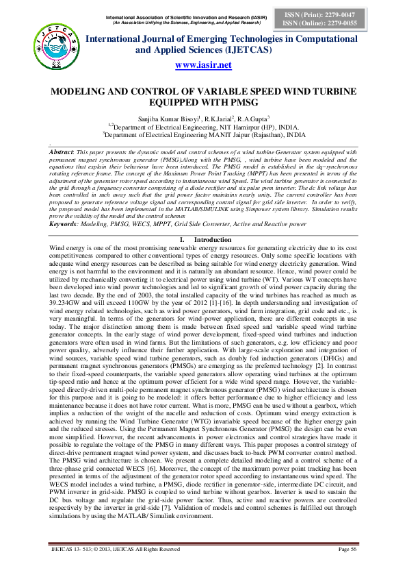 (PDF) Modeling and Control of Variable Speed Wind Turbine Equipped with ...