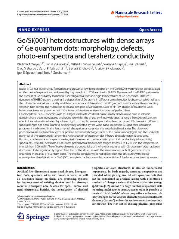 (PDF) Ge/Si(001) heterostructures with dense arrays of Ge quantum dots ...
