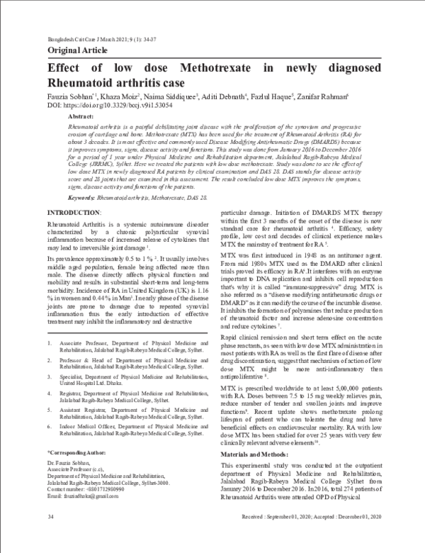 (PDF) Effect of low dose Methotrexate in newly diagnosed Rheumatoid ...