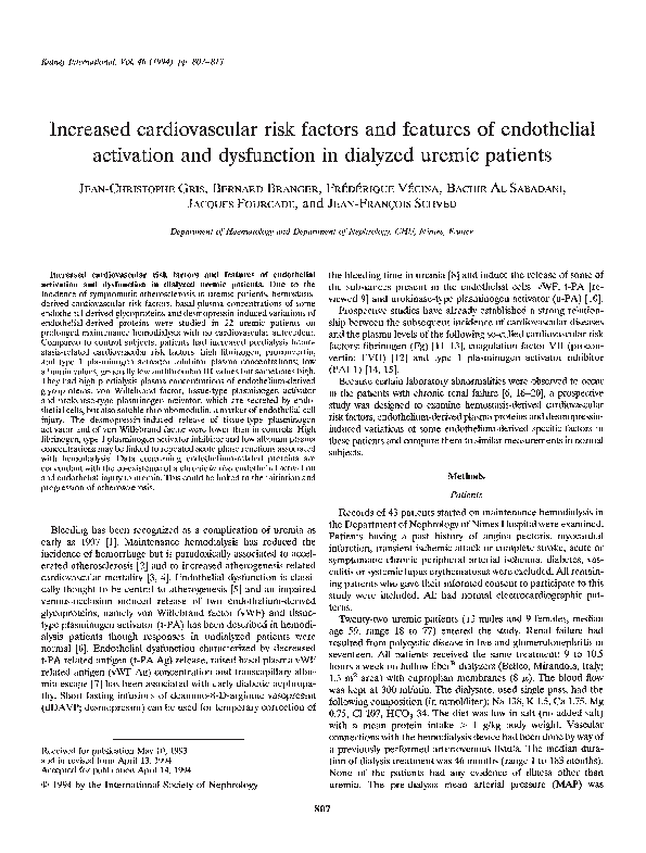 (PDF) Increased cardiovascular risk factors and features of endothelial ...