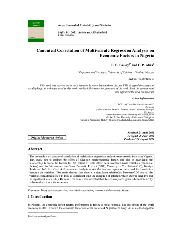 (PDF) Canonical Correlation of Multivariate Regression Analysis on ...