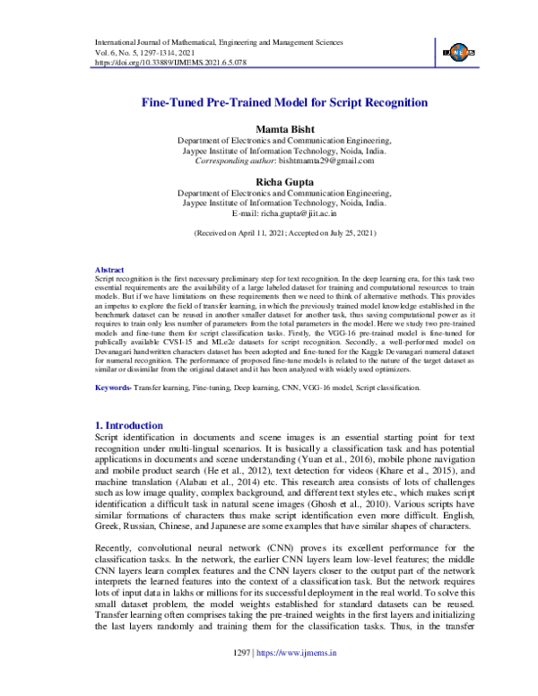 (PDF) Fine-Tuned Pre-Trained Model for Script Recognition