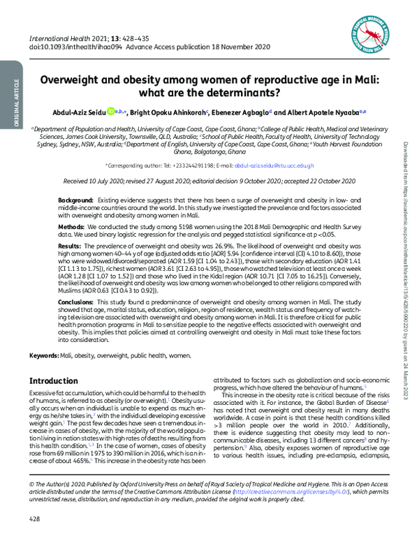(PDF) Overweight and obesity among women of reproductive age in Mali ...