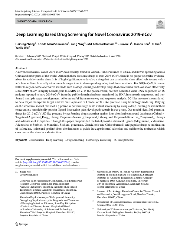 (PDF) Deep Learning Based Drug Screening for Novel Coronavirus 2019-nCov