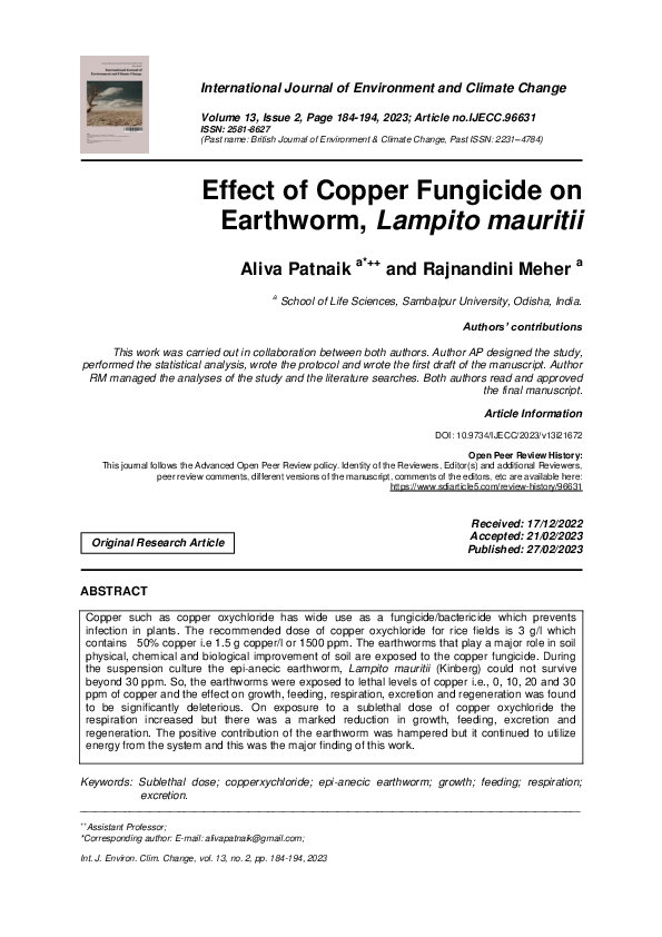 (PDF) Effect of Copper Fungicide on Earthworm, Lampito mauritii