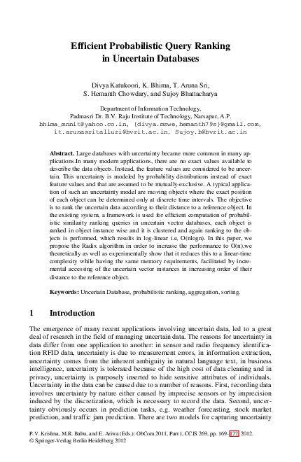 (PDF) Efficient Probabilistic Query Ranking in Uncertain Databases
