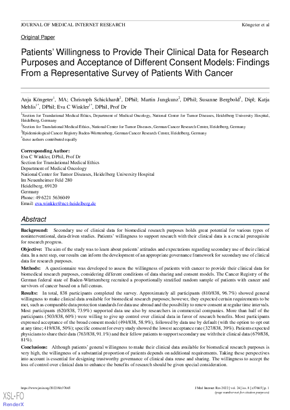 (PDF) Patients’ Willingness to Provide Their Clinical Data for Research ...