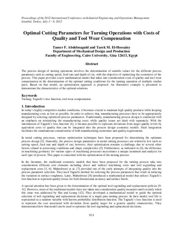 (PDF) Optimal Cutting Parameters for Turning Operations with Costs of ...