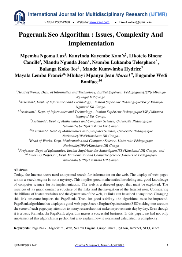 (PDF) Pagerank SEO Algorithm : Issues, Complexity and Implementation