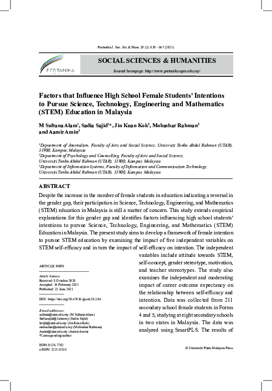 (PDF) Factors that Influence High School Female Students’ Intentions to ...