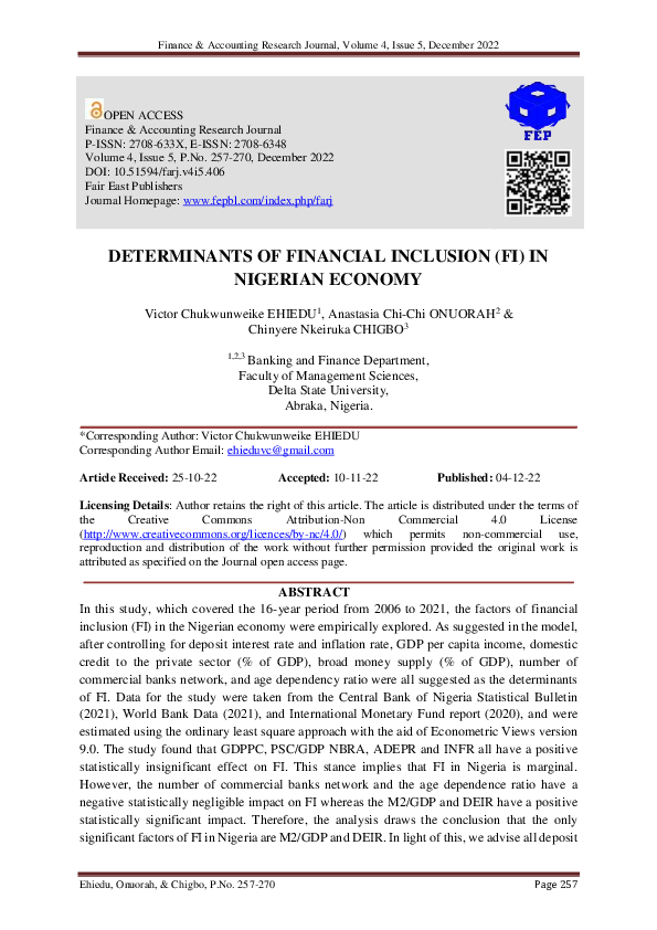 (PDF) Determinants of Financial Inclusion (Fi) in Nigerian Economy