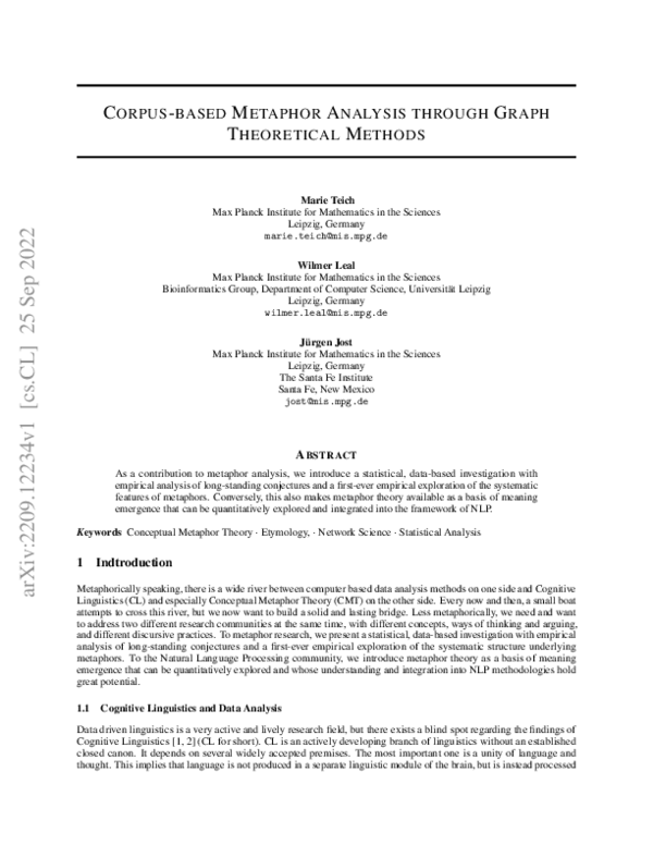 (PDF) Corpus-based Metaphor Analysis through Graph Theoretical Methods